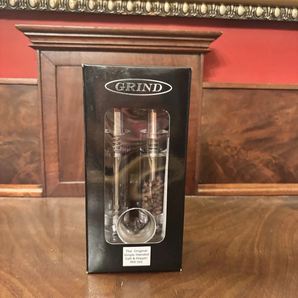 GRIND Single-Handed Salt & Pepper Mill Set‎ Stainless Steel Acrylic Grinder NIB